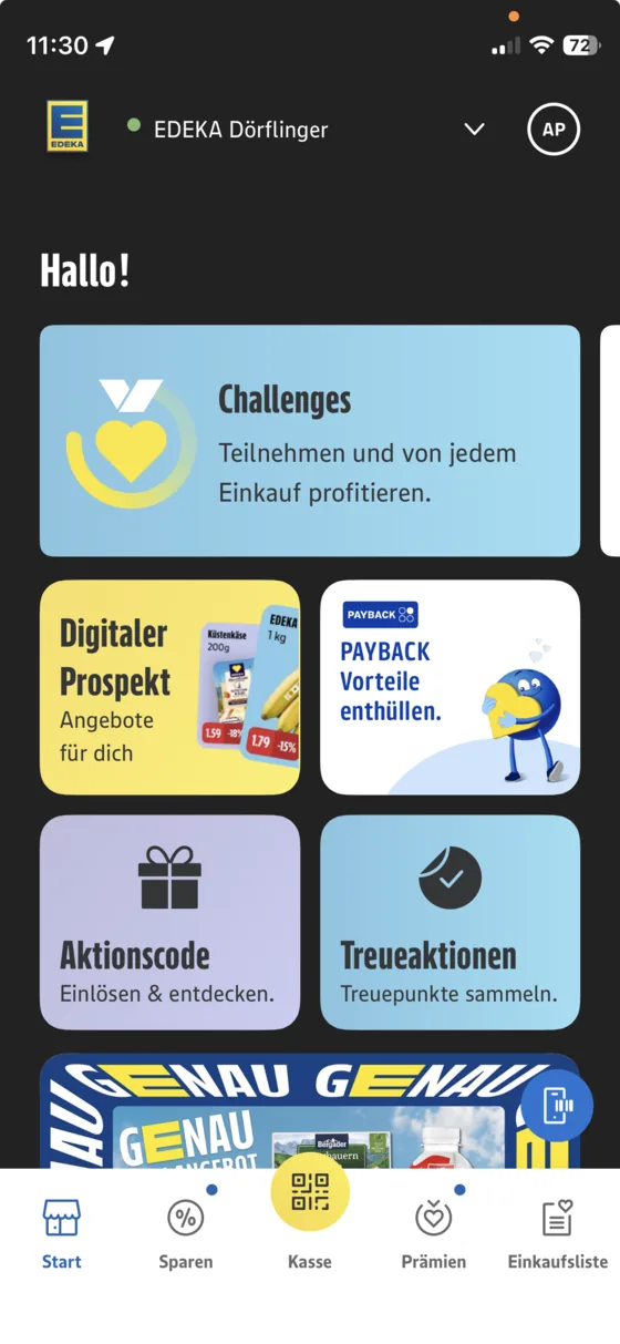 Die EDEKA App mit EDEKA Dörflinger als ausgewähltem Markt: Challenges, digitaler Prospekt, PAYBACK-Vorteile, Aktionscode und Treueaktionen